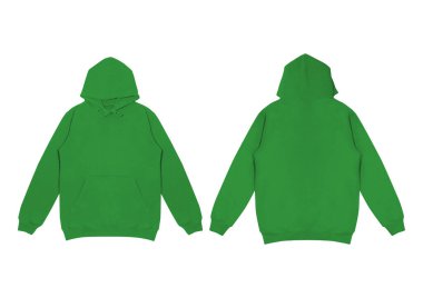 Boş yeşil kapüşonlu şablon. Uzun kollu, düz kollu kapüşonlu bir sweatshirt. Tasarım ve baskı için. Hoody ön ve arka üst görünümü beyaz arkaplanda izole