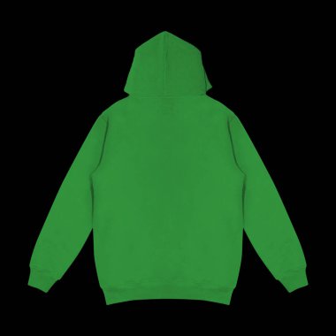 Boş yeşil kapüşonlu şablon. Uzun kollu, düz kollu kapüşonlu bir sweatshirt. Tasarım ve baskı için. Hoody ön ve arka üst görünümü beyaz arkaplanda izole