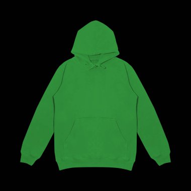 Boş yeşil kapüşonlu şablon. Uzun kollu, düz kollu kapüşonlu bir sweatshirt. Tasarım ve baskı için. Hoody ön ve arka üst görünümü beyaz arkaplanda izole