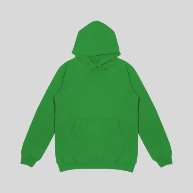 Boş yeşil kapüşonlu şablon. Uzun kollu, düz kollu kapüşonlu bir sweatshirt. Tasarım ve baskı için. Hoody ön ve arka üst görünümü beyaz arkaplanda izole