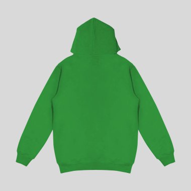 Boş yeşil kapüşonlu şablon. Uzun kollu, düz kollu kapüşonlu bir sweatshirt. Tasarım ve baskı için. Hoody ön ve arka üst görünümü beyaz arkaplanda izole