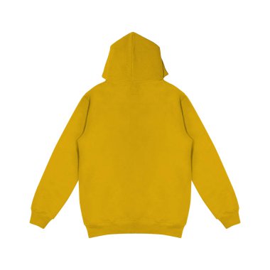 Düz sarı kapüşonlu şablon. Uzun kollu, düz kollu kapüşonlu bir sweatshirt. Tasarım ve baskı için. Hoody ön ve arka üst görünümü beyaz arkaplanda izole