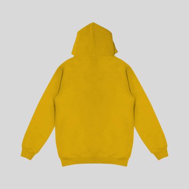 Düz sarı kapüşonlu şablon. Uzun kollu, düz kollu kapüşonlu bir sweatshirt. Tasarım ve baskı için. Hoody ön ve arka üst görünümü beyaz arkaplanda izole