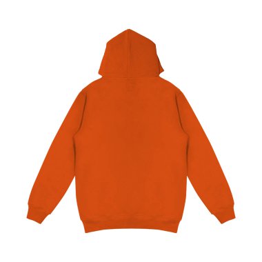 Düz turuncu kapüşonlu şablon. Uzun kollu, düz kollu kapüşonlu bir sweatshirt. Tasarım ve baskı için. Hoody ön ve arka üst görünümü beyaz arkaplanda izole