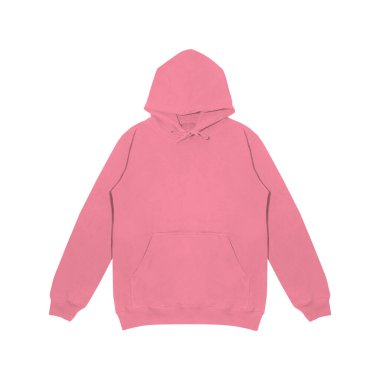 Düz pembe kapüşonlu şablon. Uzun kollu, düz kollu kapüşonlu bir sweatshirt. Tasarım ve baskı için. Hoody ön ve arka üst görünümü beyaz arkaplanda izole