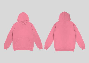 Düz pembe kapüşonlu şablon. Uzun kollu, düz kollu kapüşonlu bir sweatshirt. Tasarım ve baskı için. Hoody ön ve arka üst görünümü beyaz arkaplanda izole