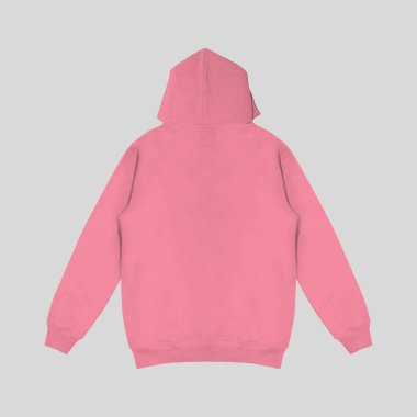Düz pembe kapüşonlu şablon. Uzun kollu, düz kollu kapüşonlu bir sweatshirt. Tasarım ve baskı için. Hoody ön ve arka üst görünümü beyaz arkaplanda izole