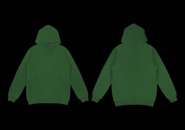 Koyu yeşil kapüşonlu bir şablon. Uzun kollu, düz kollu kapüşonlu sweatshirt..