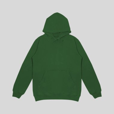 Koyu yeşil kapüşonlu bir şablon. Uzun kollu, düz kollu kapüşonlu sweatshirt..
