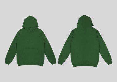 Koyu yeşil kapüşonlu bir şablon. Uzun kollu, düz kollu kapüşonlu sweatshirt..