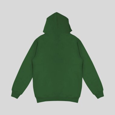 Koyu yeşil kapüşonlu bir şablon. Uzun kollu, düz kollu kapüşonlu sweatshirt..