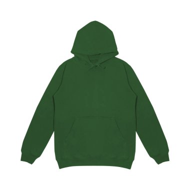 Koyu yeşil kapüşonlu bir şablon. Uzun kollu, düz kollu kapüşonlu sweatshirt..