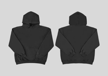 Düz siyah kapüşonlu şablon. Tasarım ve baskı için uzun kollu düz kollu kapüşonlu sweatshirt. Kapüşonlu ön ve arka üst görünüm
