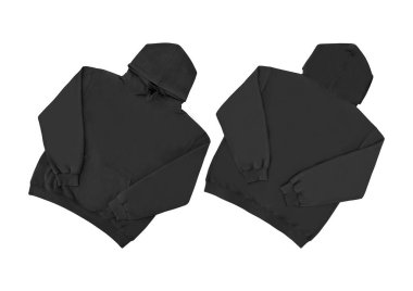 Düz siyah kapüşonlu şablon. Tasarım ve baskı için uzun kollu düz kollu kapüşonlu sweatshirt. Kapüşonlu ön ve arka üst görünüm