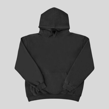 Düz siyah kapüşonlu şablon. Tasarım ve baskı için uzun kollu düz kollu kapüşonlu sweatshirt. Kapüşonlu ön ve arka üst görünüm