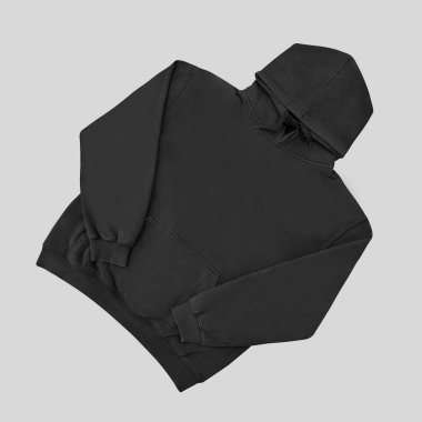Düz siyah kapüşonlu şablon. Tasarım ve baskı için uzun kollu düz kollu kapüşonlu sweatshirt. Kapüşonlu ön ve arka üst görünüm