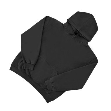 Düz siyah kapüşonlu şablon. Tasarım ve baskı için uzun kollu düz kollu kapüşonlu sweatshirt. Kapüşonlu ön ve arka üst görünüm