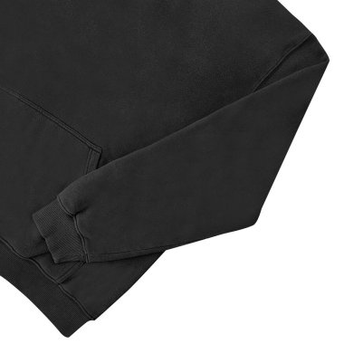 Düz siyah kapüşonlu şablon. Tasarım ve baskı için uzun kollu düz kollu kapüşonlu sweatshirt. Kapüşonlu ön ve arka üst görünüm