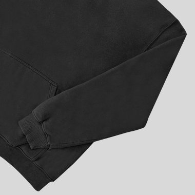 Düz siyah kapüşonlu şablon. Tasarım ve baskı için uzun kollu düz kollu kapüşonlu sweatshirt. Kapüşonlu ön ve arka üst görünüm