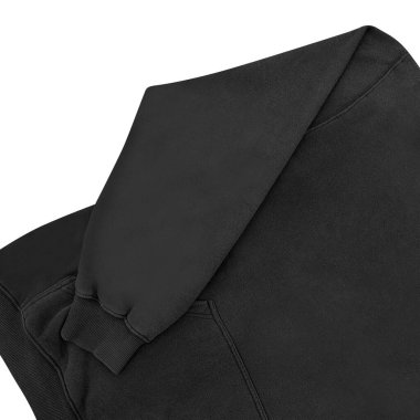 Düz siyah kapüşonlu şablon. Tasarım ve baskı için uzun kollu düz kollu kapüşonlu sweatshirt. Kapüşonlu ön ve arka üst görünüm