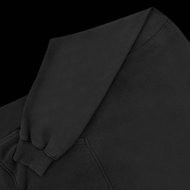 Düz siyah kapüşonlu şablon. Tasarım ve baskı için uzun kollu düz kollu kapüşonlu sweatshirt. Kapüşonlu ön ve arka üst görünüm