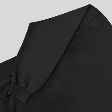 Düz siyah kapüşonlu şablon. Tasarım ve baskı için uzun kollu düz kollu kapüşonlu sweatshirt. Kapüşonlu ön ve arka üst görünüm