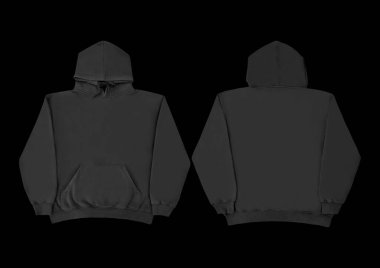 Düz siyah kapüşonlu şablon. Tasarım ve baskı için uzun kollu düz kollu kapüşonlu sweatshirt. Kapüşonlu ön ve arka üst görünüm