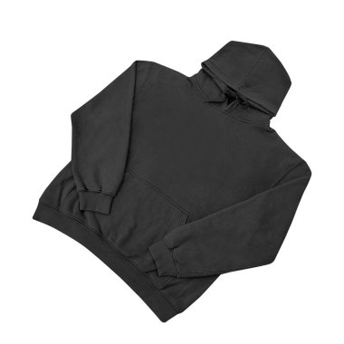 Düz siyah kapüşonlu şablon. Tasarım ve baskı için uzun kollu düz kollu kapüşonlu sweatshirt. Kapüşonlu ön ve arka üst görünüm