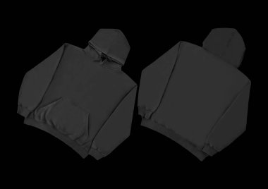 Düz siyah kapüşonlu şablon. Tasarım ve baskı için uzun kollu düz kollu kapüşonlu sweatshirt. Kapüşonlu ön ve arka üst görünüm