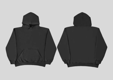 Düz siyah kapüşonlu şablon. Tasarım ve baskı için uzun kollu düz kollu kapüşonlu sweatshirt. Kapüşonlu ön ve arka üst görünüm