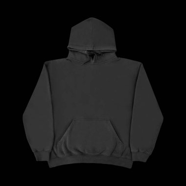 Düz siyah kapüşonlu şablon. Tasarım ve baskı için uzun kollu düz kollu kapüşonlu sweatshirt. Kapüşonlu ön ve arka üst görünüm