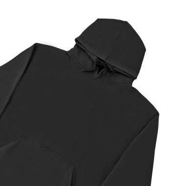 Düz siyah kapüşonlu şablon. Tasarım ve baskı için uzun kollu düz kollu kapüşonlu sweatshirt. Kapüşonlu ön ve arka üst görünüm