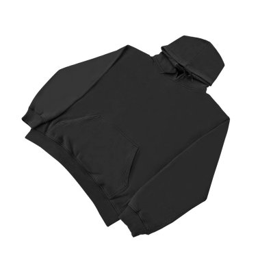 Düz siyah kapüşonlu şablon. Tasarım ve baskı için uzun kollu düz kollu kapüşonlu sweatshirt. Kapüşonlu ön ve arka üst görünüm
