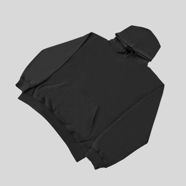 Düz siyah kapüşonlu şablon. Tasarım ve baskı için uzun kollu düz kollu kapüşonlu sweatshirt. Kapüşonlu ön ve arka üst görünüm