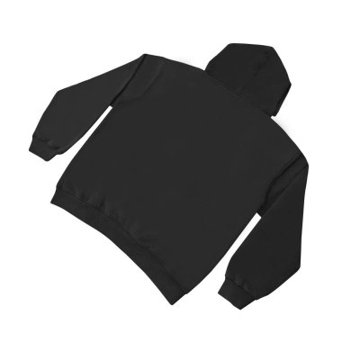 Düz siyah kapüşonlu şablon. Tasarım ve baskı için uzun kollu düz kollu kapüşonlu sweatshirt. Kapüşonlu ön ve arka üst görünüm