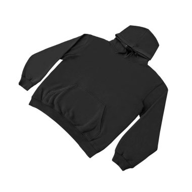 Düz siyah kapüşonlu şablon. Tasarım ve baskı için uzun kollu düz kollu kapüşonlu sweatshirt. Kapüşonlu ön ve arka üst görünüm