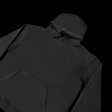 Düz siyah kapüşonlu şablon. Tasarım ve baskı için uzun kollu düz kollu kapüşonlu sweatshirt. Kapüşonlu ön ve arka üst görünüm