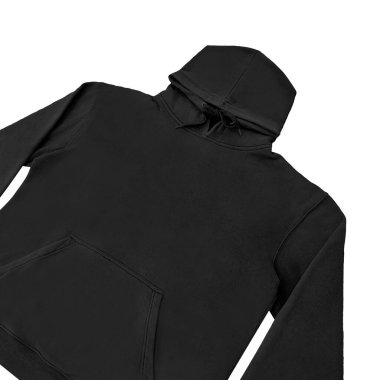 Düz siyah kapüşonlu şablon. Tasarım ve baskı için uzun kollu düz kollu kapüşonlu sweatshirt. Kapüşonlu ön ve arka üst görünüm