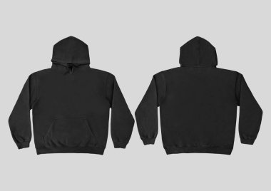 Düz siyah kapüşonlu şablon. Tasarım ve baskı için uzun kollu düz kollu kapüşonlu sweatshirt. Kapüşonlu ön ve arka üst görünüm