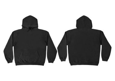 Düz siyah kapüşonlu şablon. Tasarım ve baskı için uzun kollu düz kollu kapüşonlu sweatshirt. Kapüşonlu ön ve arka üst görünüm