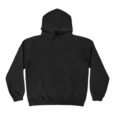 Düz siyah kapüşonlu şablon. Tasarım ve baskı için uzun kollu düz kollu kapüşonlu sweatshirt. Kapüşonlu ön ve arka üst görünüm