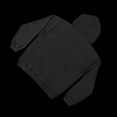 Düz siyah kapüşonlu şablon. Tasarım ve baskı için uzun kollu düz kollu kapüşonlu sweatshirt. Kapüşonlu ön ve arka üst görünüm