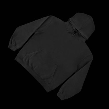 Düz siyah kapüşonlu şablon. Tasarım ve baskı için uzun kollu düz kollu kapüşonlu sweatshirt. Kapüşonlu ön ve arka üst görünüm