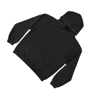 Düz siyah kapüşonlu şablon. Tasarım ve baskı için uzun kollu düz kollu kapüşonlu sweatshirt. Kapüşonlu ön ve arka üst görünüm