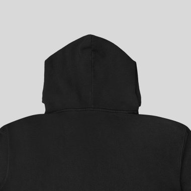 Düz siyah kapüşonlu şablon. Tasarım ve baskı için uzun kollu düz kollu kapüşonlu sweatshirt. Kapüşonlu ön ve arka üst görünüm