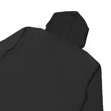 Düz siyah kapüşonlu şablon. Tasarım ve baskı için uzun kollu düz kollu kapüşonlu sweatshirt. Kapüşonlu ön ve arka üst görünüm
