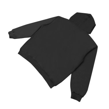 Düz siyah kapüşonlu şablon. Tasarım ve baskı için uzun kollu düz kollu kapüşonlu sweatshirt. Kapüşonlu ön ve arka üst görünüm