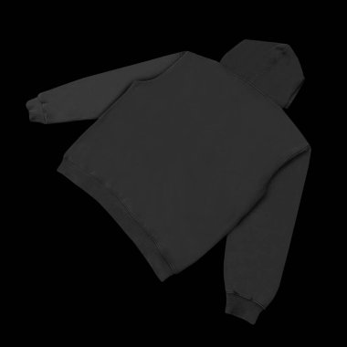 Düz siyah kapüşonlu şablon. Tasarım ve baskı için uzun kollu düz kollu kapüşonlu sweatshirt. Kapüşonlu ön ve arka üst görünüm