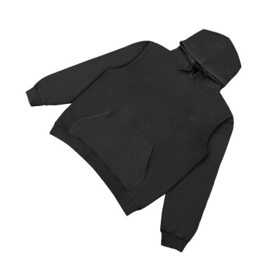 Düz siyah kapüşonlu şablon. Tasarım ve baskı için uzun kollu düz kollu kapüşonlu sweatshirt. Kapüşonlu ön ve arka üst görünüm