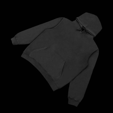 Düz siyah kapüşonlu şablon. Tasarım ve baskı için uzun kollu düz kollu kapüşonlu sweatshirt. Kapüşonlu ön ve arka üst görünüm